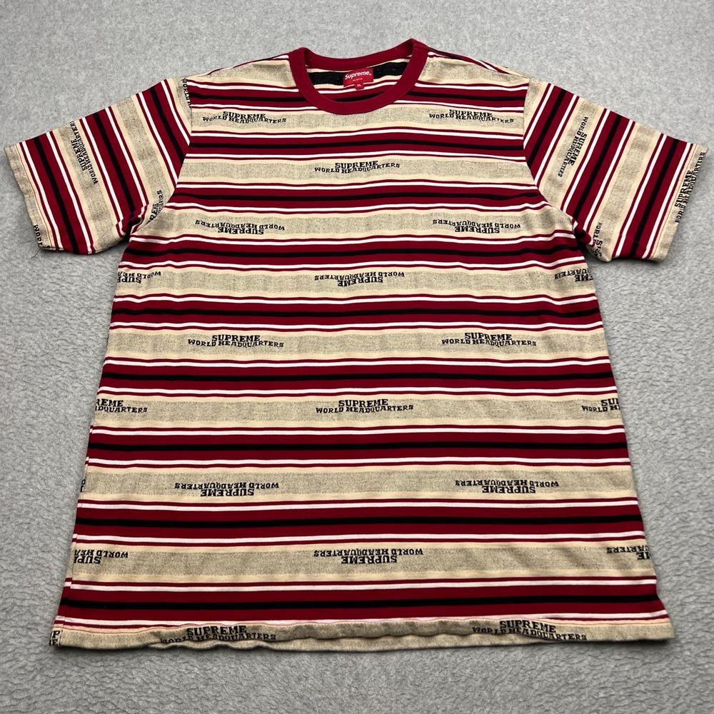 Supreme World Headquarters Shirt Mens XL Red Striped Logo Short Sleeve Crew Tee
